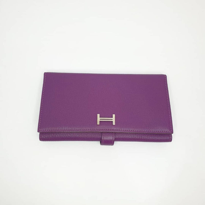 Hermes Bearn Wallet Tri Fold Anemone Chevre Leather, with Box