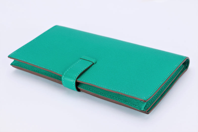 Hermes Bearn Wallet (Stamp P) Menthe Color Chevre Leather, Silver Hardware, with Box, no Dust Cover