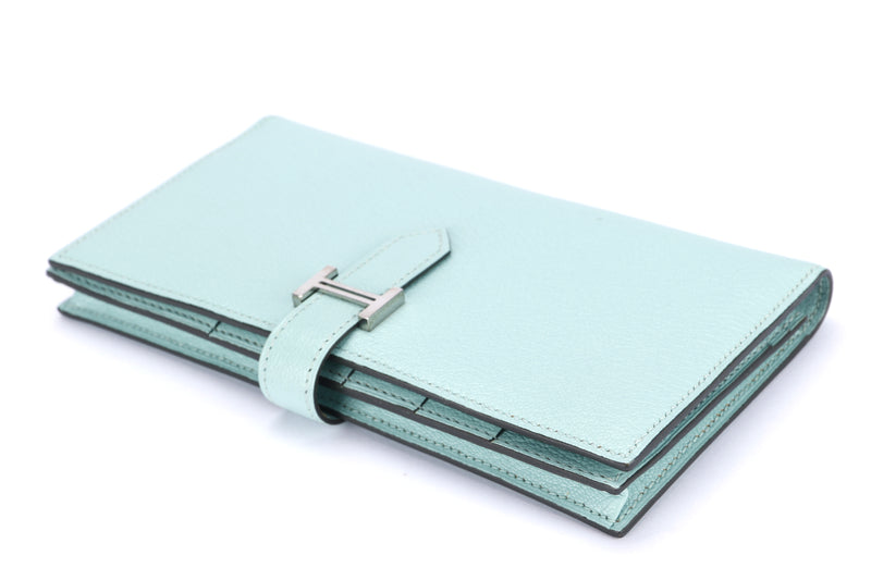 Hermes Bearn Wallet (Stamp A) Aqua Color Chevre Leather Silver Hardware, with Box, no Dust Cover