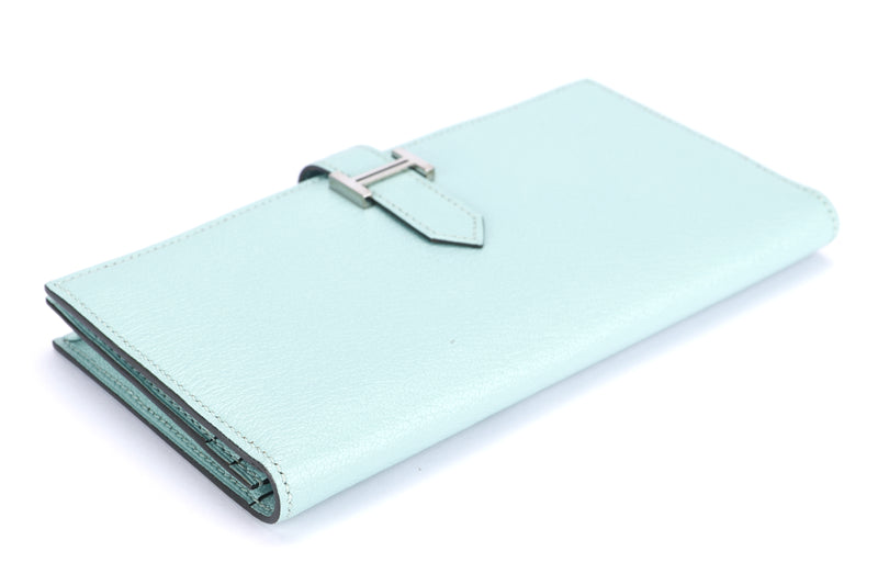 Hermes Bearn Wallet (Stamp A) Aqua Color Chevre Leather Silver Hardware, with Box, no Dust Cover