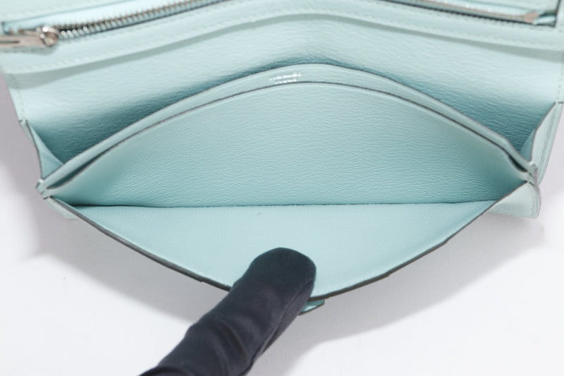 Hermes Bearn Wallet (Stamp A) Aqua Color Chevre Leather Silver Hardware, with Box, no Dust Cover