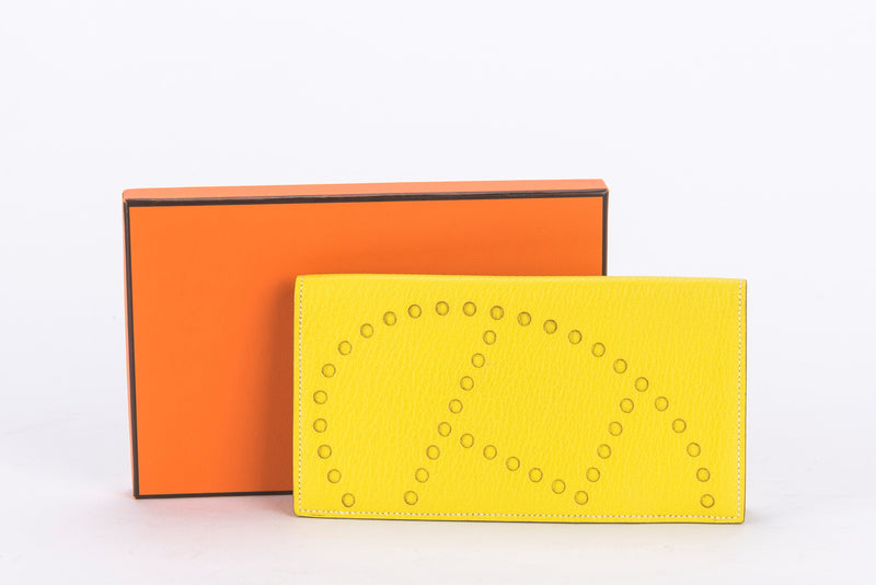 Hermes Evelyne Wallet Lime Yellow Chevre Leather with Box