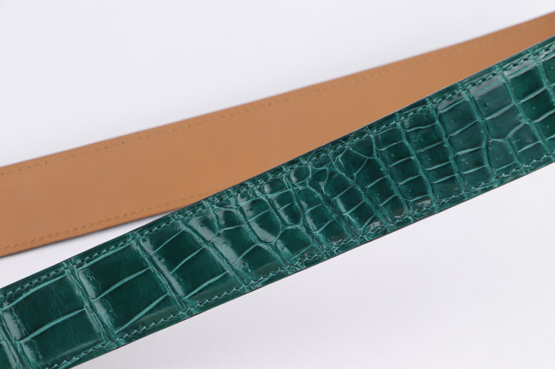 (Exotic) Hermes Malachite Porosus Croco Leather Belt (Stamp T) 85cm with Gold Buckle, with Box