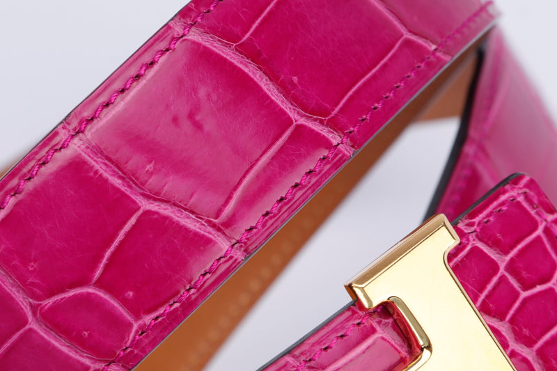 (Exotic) Hermes Fuchia Pink Porosus Croco Leather Belt (Stamp P) 80cm with Gold H Buckle, with Box