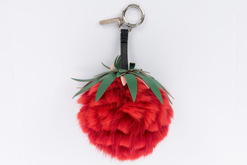 Fendi Strawberry Red Fur Green Leather Charm, Silver Hardware, no Dust Cover & Box