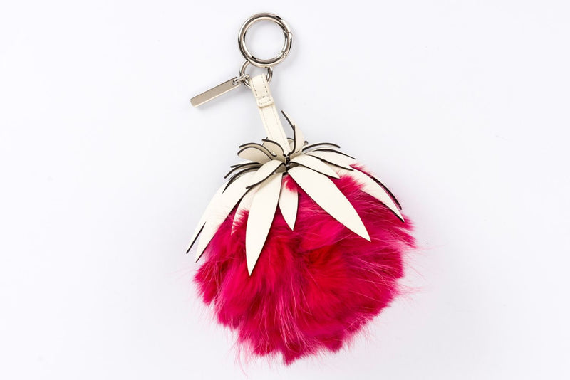 Fendi Strawberry Pink Fur White Leather Bag Charm, Silver Hardware, no Dust Cover & Box