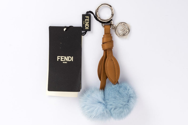 Fendi 7AR642 Light Blue Fur with Brown Leather Bag Charm, Silver Hardware, no Dust Cover & Box