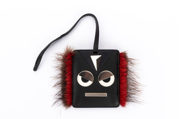 Fendi Monster Face Black Leather Luggage Tag, Brown Side Fur, no Dust Cover & Box