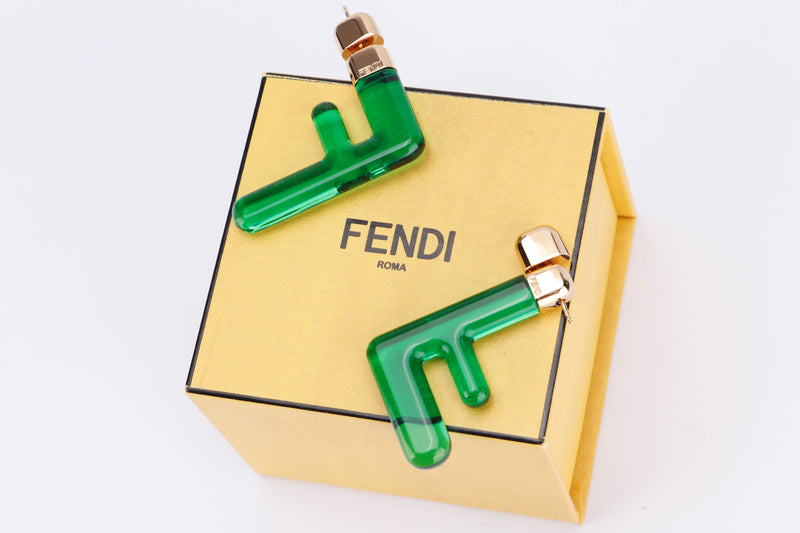 ﻿FENDI GREEN F ENAMEL EARRING, WITH BOX