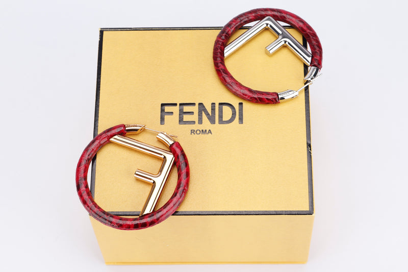 FENDI SILVER F INITIALS WITH RED LIZARD SKIN ROUND SHAPE EARRING, WITH BOX