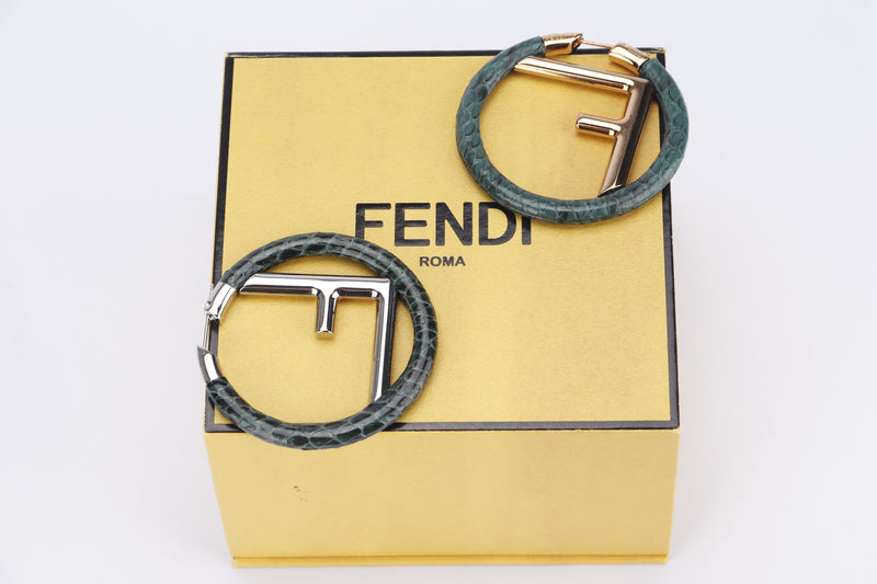 FENDI GOLD F INITIALS WITH GREEN LIZARD SKIN ROUND SHAPE EARRING, WITH BOX