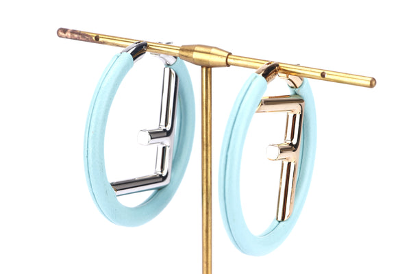 FENDI GOLD AND SILVER INITIALS WITH TURQUOISE LEATHER ROUND SHAPE EARRING, WITH BOX