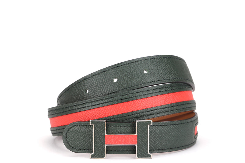 HERMES 80CM X 2.5CM BELT, GREEN & CAPPUCCINE COLOR EPSOM LEATHER, SILVER BUCKLE, WITH DUST COVER & BOX