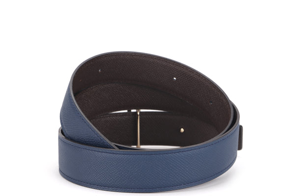 HERMES 95 X 3.5CM BLUE & BROWN EPSOM LEATHER BELT, SLIM HH ROSEGOLD BUCKLE, WITH DUST COVER & BOX