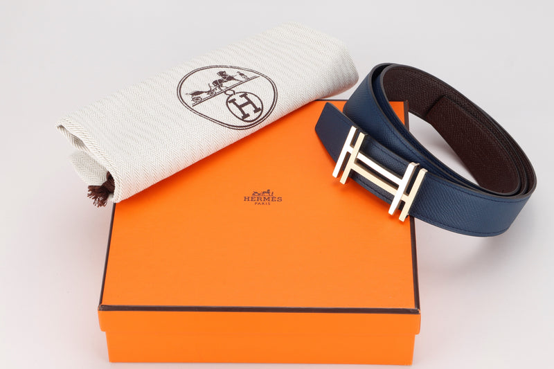 HERMES 95 X 3.5CM BLUE & BROWN EPSOM LEATHER BELT, SLIM HH ROSEGOLD BUCKLE, WITH DUST COVER & BOX