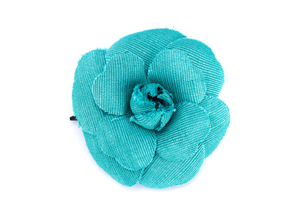 CHANEL GREEN CANVAS CAMELIA BROOCH, WITH BOX