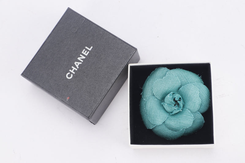 CHANEL GREEN CANVAS CAMELIA BROOCH, WITH BOX