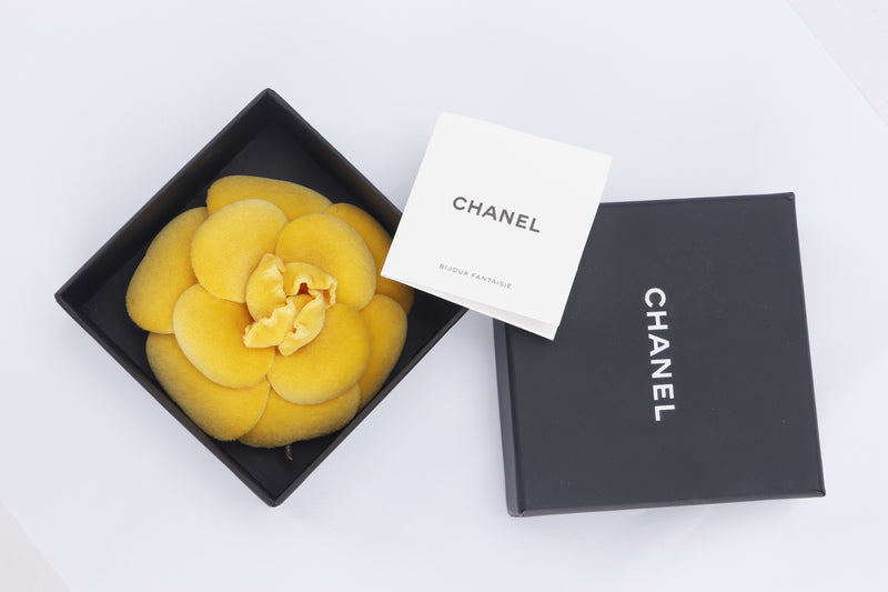 CHANEL YELLOW VELVET CAMELIA BROOCH, WITH BOX