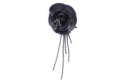 CHANEL A20374 BLACK LEATHER WITH FRINGE CAMELIA BROOCH, WITH BOX
