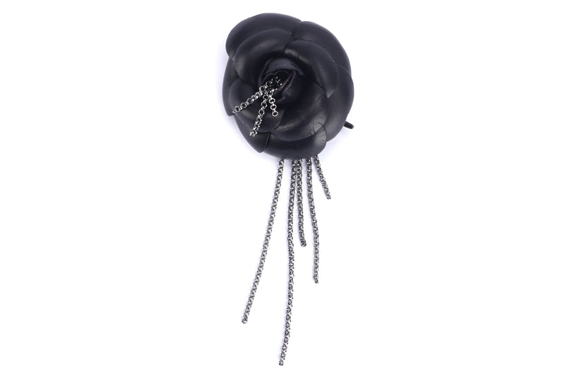 CHANEL A20374 BLACK LEATHER WITH FRINGE CAMELIA BROOCH, WITH BOX