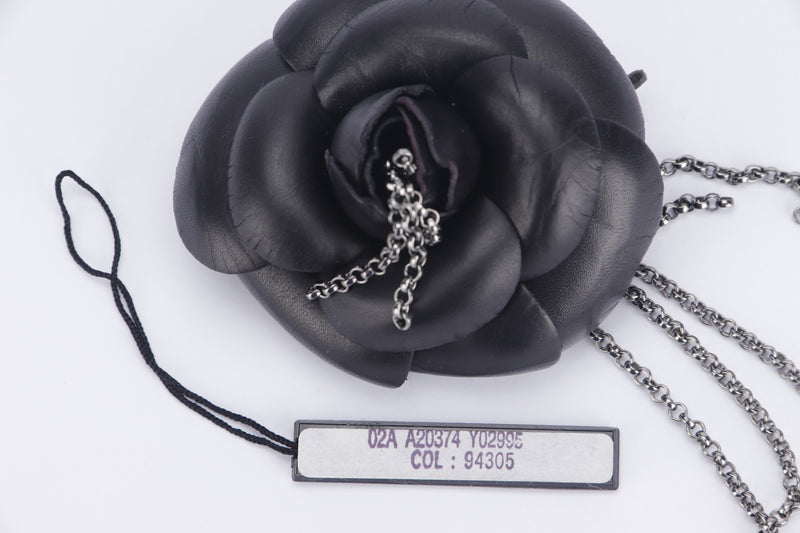 CHANEL A20374 BLACK LEATHER WITH FRINGE CAMELIA BROOCH, WITH BOX