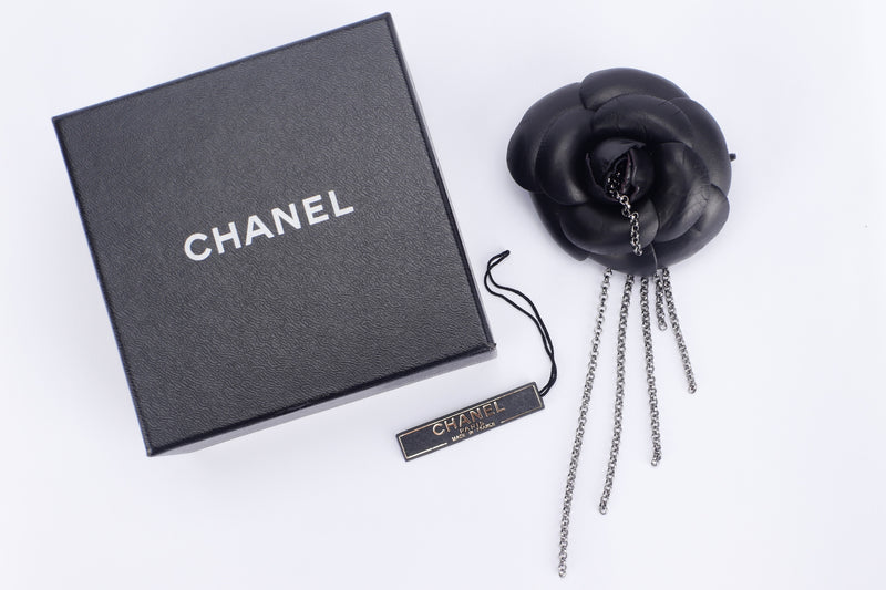 CHANEL A20374 BLACK LEATHER WITH FRINGE CAMELIA BROOCH, WITH BOX