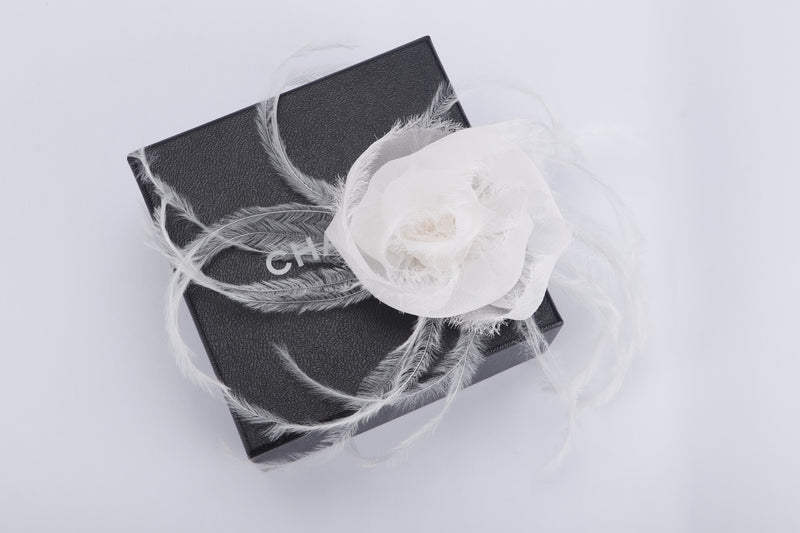 CHANEL WHITE COTTON WITH FEATHER CAMELIA BROOCH, WITH BOX