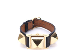 HERMES GOLD PLATED MEDOR WATCH (664993) WITH BLACK BOX LEATHER STRAP, NO DUST COVER & BOX