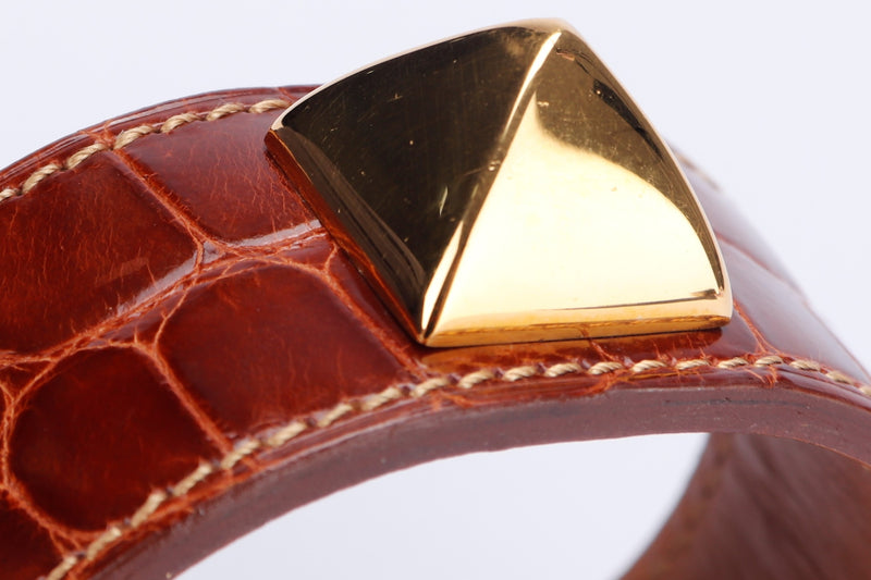 (Exotic) Hermes Brown Porosus Croc Bracelet with Gold Medor Stud, no Dust Cover & Box