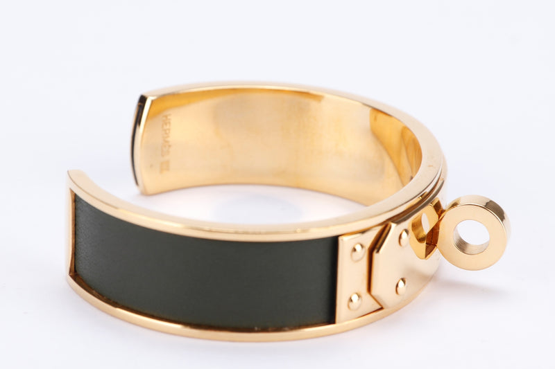 Hermes Vintage Kelly Cuff Gold Plated Bracelet with Dark Green Leather Trim, no Dust Cover & Box