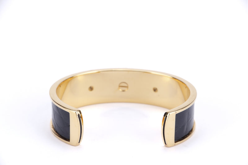 Hermes Vintage Kelly Cuff Gold Plated Bracelet with Black Glossy Croco Trim, no Dust Cover & Box
