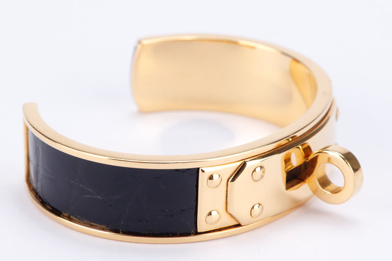 Hermes Vintage Kelly Cuff Gold Plated Bracelet with Black Glossy Croco Trim, no Dust Cover & Box