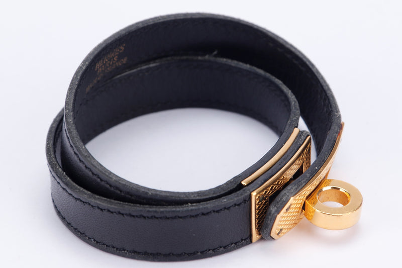 Hermes Kelly Double Tour Bracelet in Gold Guilloche Hardware, Black Leather, no Dust Cover & Box