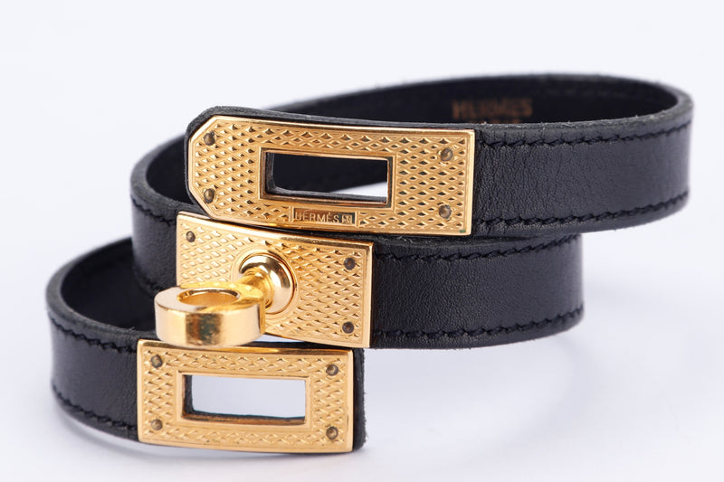 Hermes Kelly Double Tour Bracelet in Gold Guilloche Hardware, Black Leather, no Dust Cover & Box