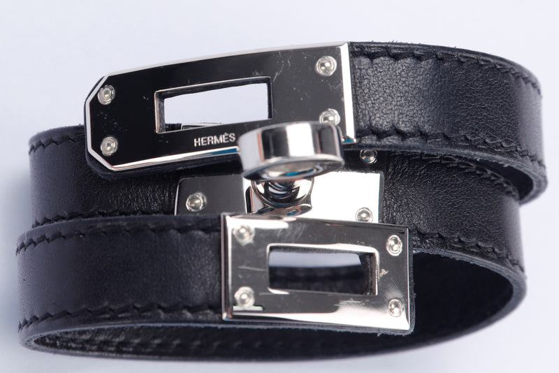 Hermes Kelly Double Tour Bracelet Black Swift Leather, Silver Hardware, with Box no Dust Cover