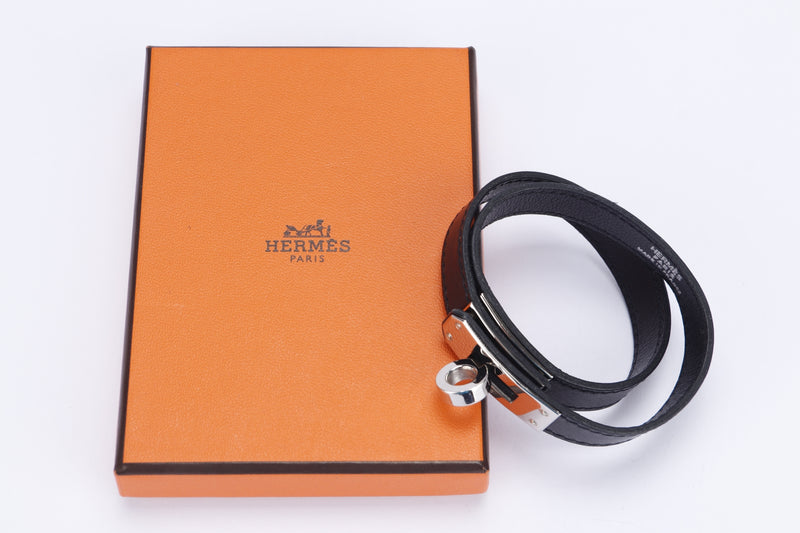 Hermes Kelly Double Tour Bracelet Black Swift Leather, Silver Hardware, with Box no Dust Cover