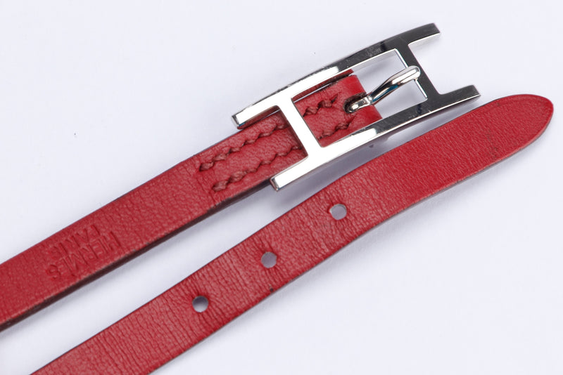 Hermes Be Hapi 1cm Bracelet, Red Leather, Silver Hardware, with Box, no Dust Cover