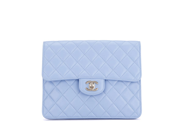 CHANEL CRUISE 2021 FLAP CLUTCH (3092xxxx) LIGHT BLUE LAMBSKIN GOLD HARDWARE, WITH CARD, NO DUST COVER