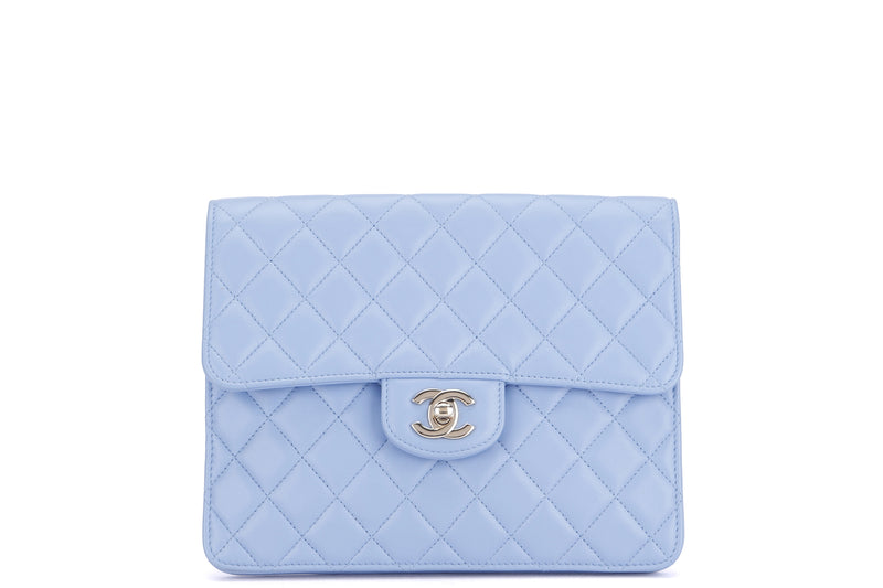 CHANEL CRUISE 2021 FLAP CLUTCH (3092xxxx) LIGHT BLUE LAMBSKIN GOLD HARDWARE, WITH CARD, NO DUST COVER