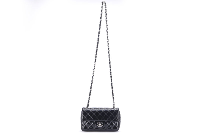 CHANEL CLASSIC FLAP MINI (1886xxxx) BLACK PATENT LEATHER SILVER HARDWARE, WITH CARD, DUST COVER & BOX