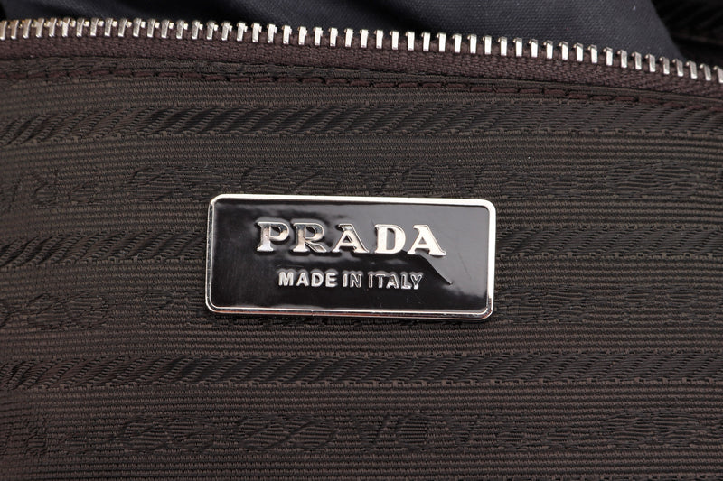 PRADA SATCHEL BEIGE CANVAS LEATHER HAND BAG SILVER HARDWARE, WITH DUST COVER, NO CARD