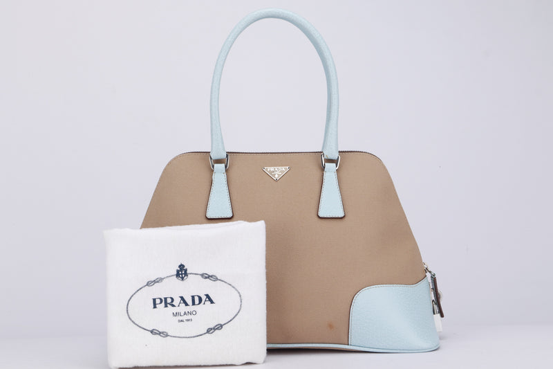 PRADA SATCHEL BEIGE CANVAS LEATHER HAND BAG SILVER HARDWARE, WITH DUST COVER, NO CARD