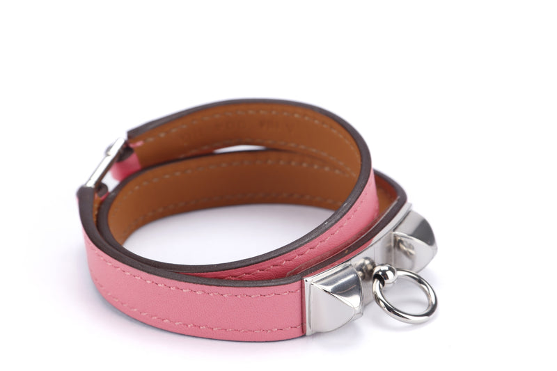 Hermes Rivale Double Tour Bracelet (Stamp A), Size S, Rose Azalee Color, Swift Leather, Silver Hardware, with Dust Cover & Box