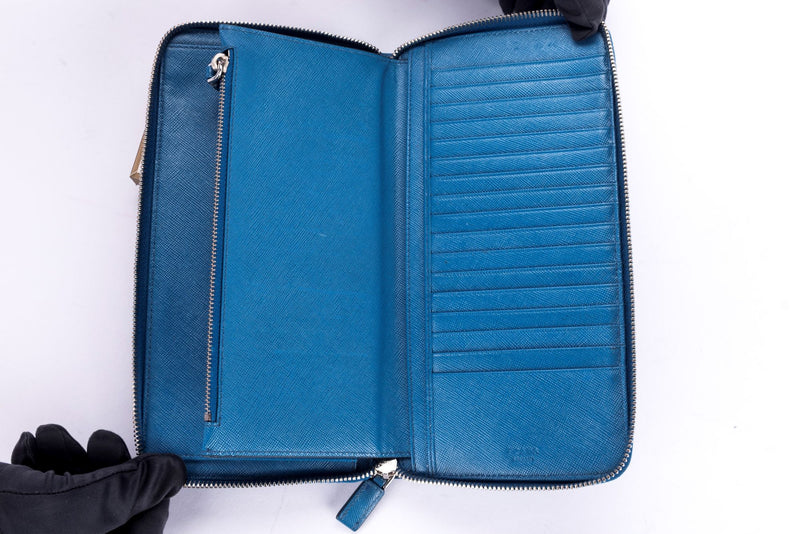 Prada Blue Saffiano Leather Large Zippy Wallet, no Card, Dust Cover & Box