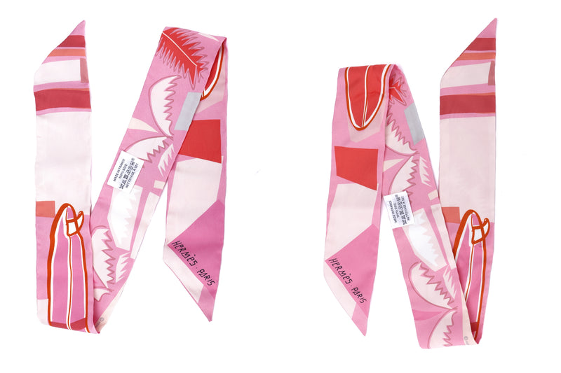 Hermes Silk Twilly Light Pink Coconut Tree Icon, Abstract Red (1 pair)