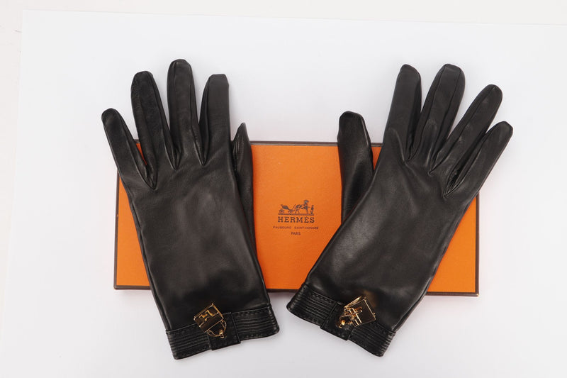 Hermes Black Leather Glove Size 6.5 with Gold Constance and Kelly Pendant Charm, with Box