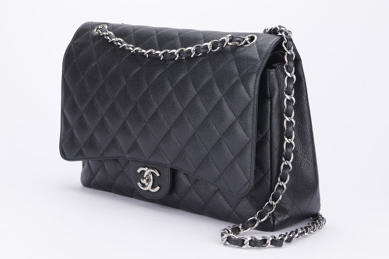 Chanel Classic 2.55 (1474xxxx) Maxi Black Color Caviar Leather, Silver Hardware, with Dust Cover, no Card