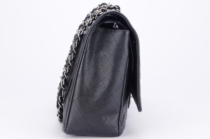 Chanel Classic 2.55 (1474xxxx) Maxi Black Color Caviar Leather, Silver Hardware, with Dust Cover, no Card
