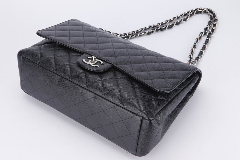 Chanel Classic 2.55 (1474xxxx) Maxi Black Color Caviar Leather, Silver Hardware, with Dust Cover, no Card