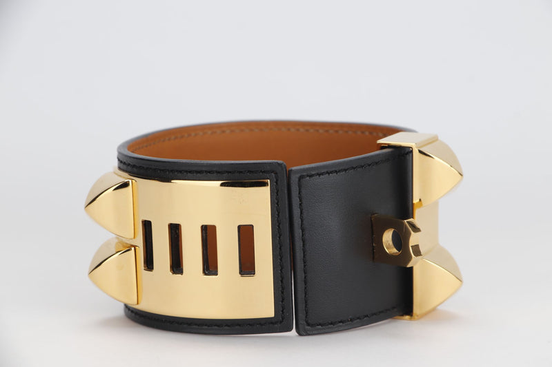 Hermes CDC Bracelet Black Color Swift Leather, Gold Hardware, Stamp R, S Size, with Dust Cover & Box
